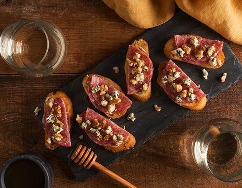 Salami and Blue Cheese Crostini with Walnuts