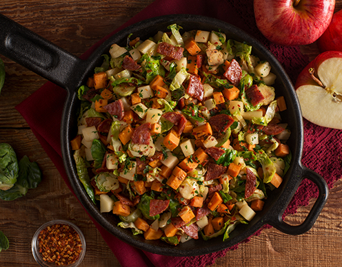 Sweet Potato, Apple and Brussels Sprout Sauté with Salami