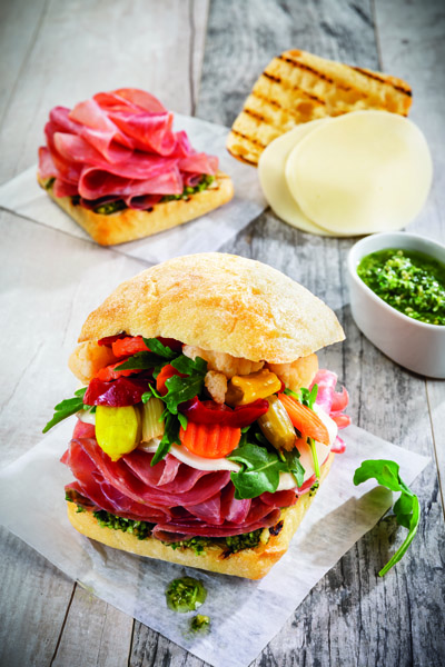 Italian Smoked Sandwich Prosciutto, Provolone & Giardiniera Ciabatta Sandwich with Pesto